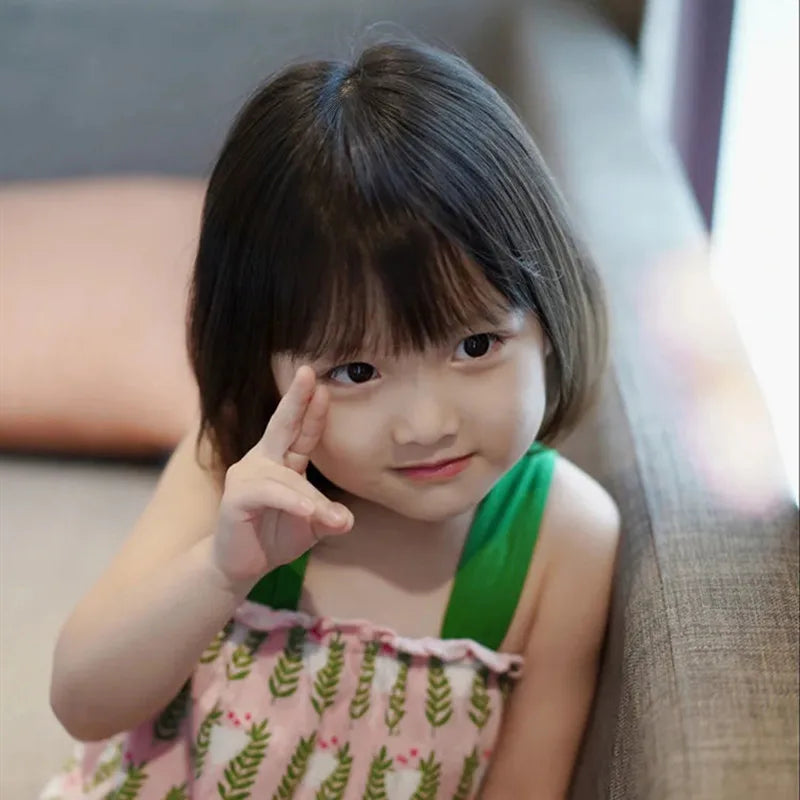 Hair Extensions Synthetic Children Girl Wig Black Bobo Hairstyle Short Straight Bangs Princess Head Cover Wig Hat for Kids Girls