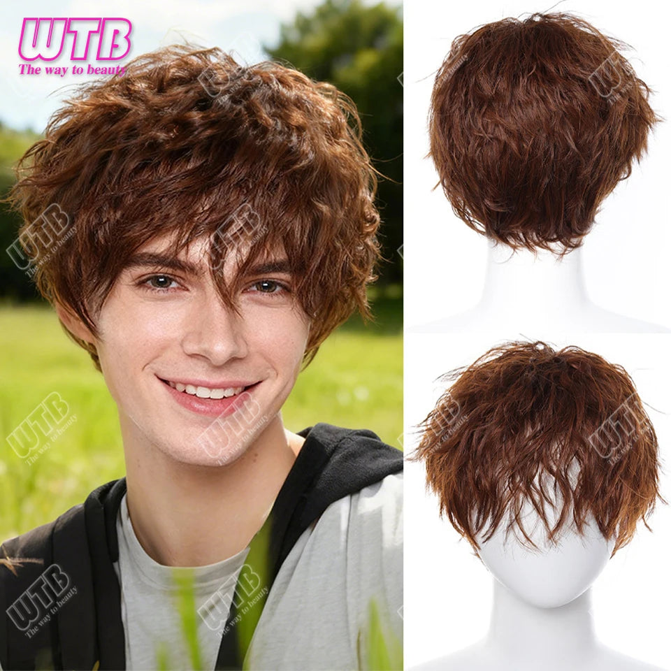 Synthetic Short Curly Boy Party Hair Wig Black Brown Natural Fake False Hair For Men Handsome Breathable Christmas Halloween