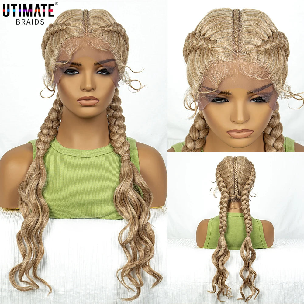 Synthetic Cornrow Braided Wigs with Curly Wave for Women Lace Frontal Afro Hair Braids Wig with Baby Hair for Girls 30 Inches