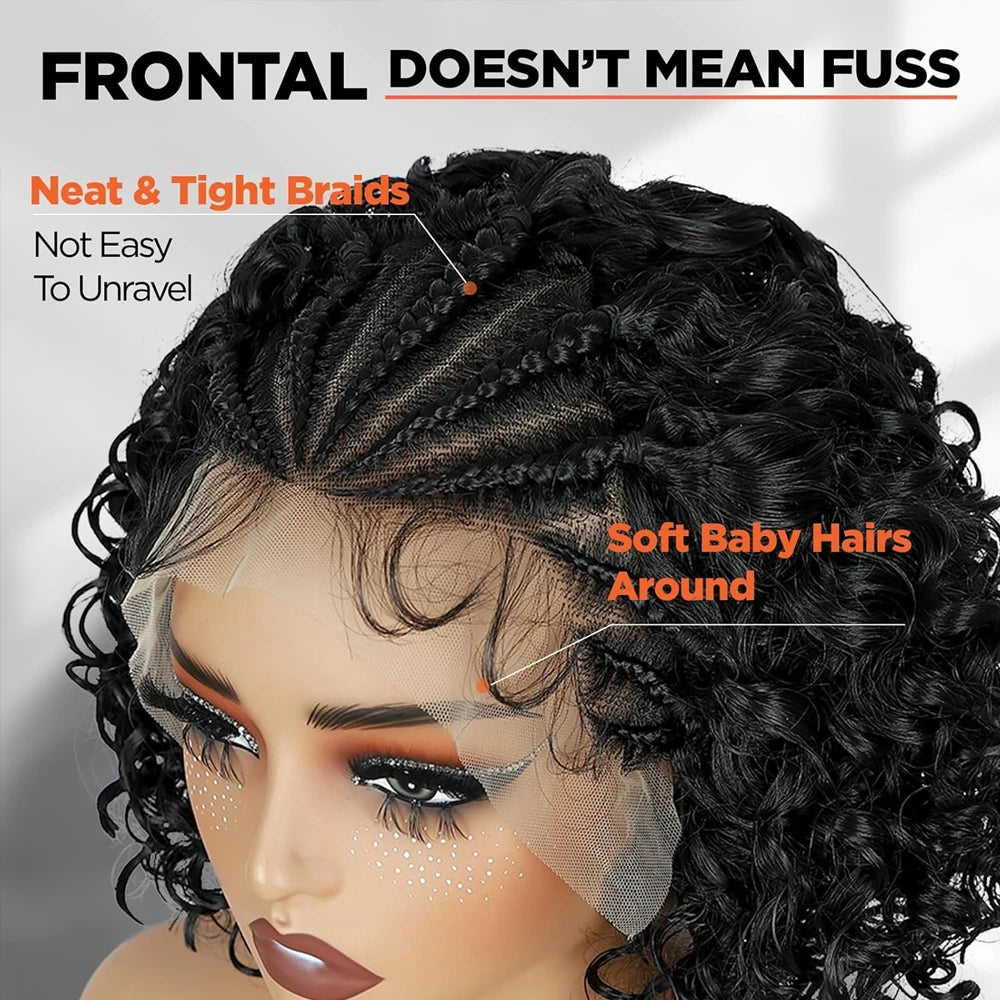 Cornrow Braided Wig with Curly Hair for Black Women 13X4 Synthetic Lace Frontal Handmade Braided Curly Bob Wigs with Baby Hair