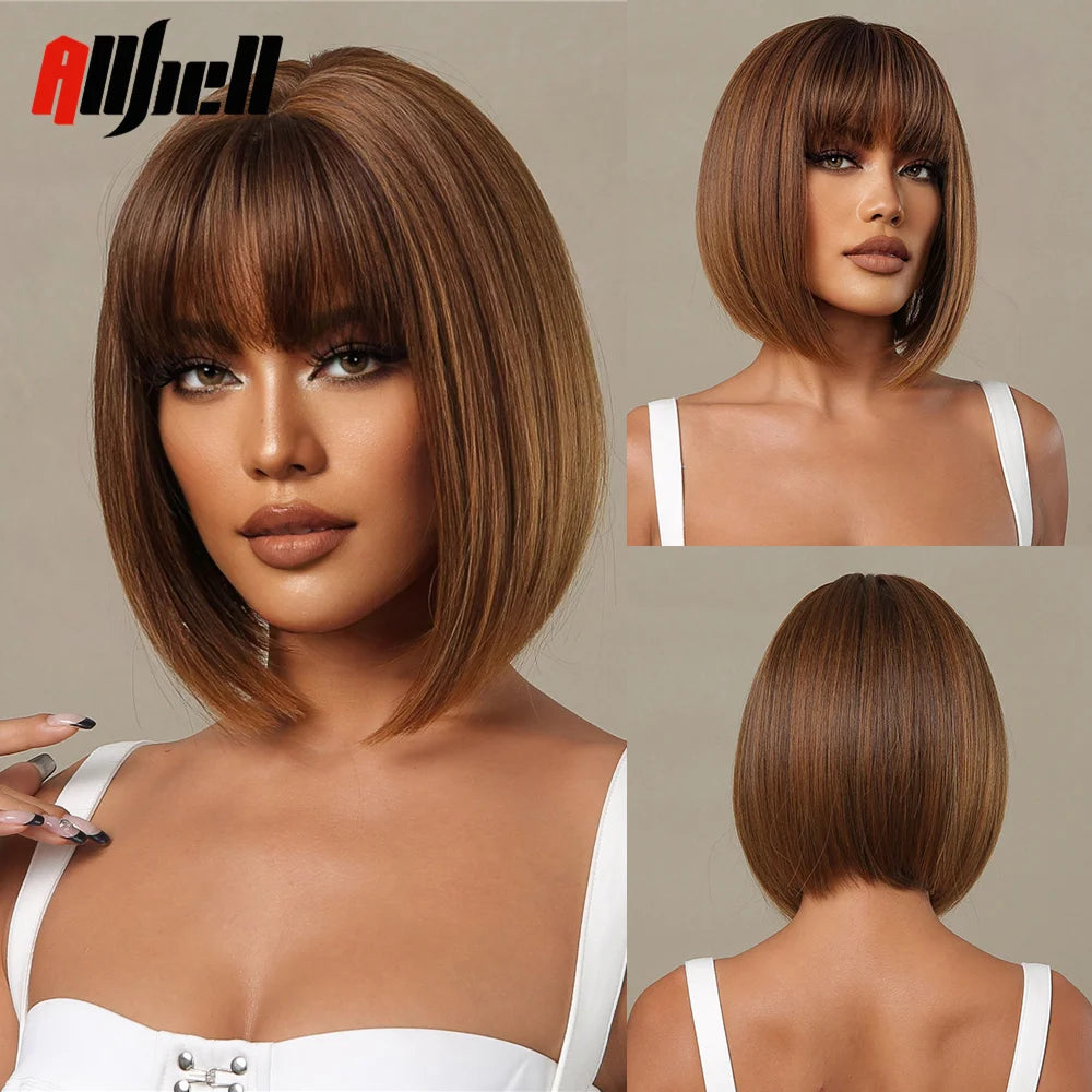 Short Copper Ginger Synthetic Natural Wavy Wigs Hair Orange Halloween Bob Wig with Bangs Heat Resistant for Women Cosplay Wig