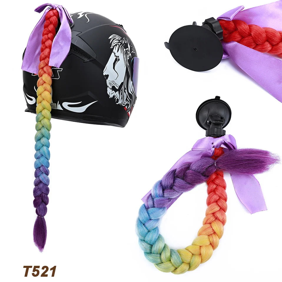 Benehair Syntheitc Helmet Pigtails Gradient Ramp Helmet Braids Ponytail Hair with Suction Cup with Bowknot for Motor Bike 1PCS