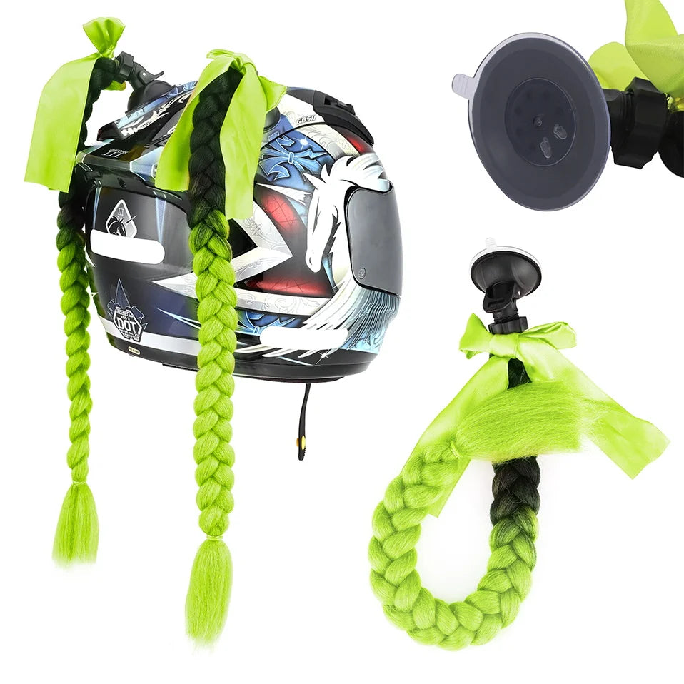 Benehair Syntheitc Helmet Pigtails Gradient Ramp Helmet Braids Ponytail Hair with Suction Cup with Bowknot for Motor Bike 1PCS
