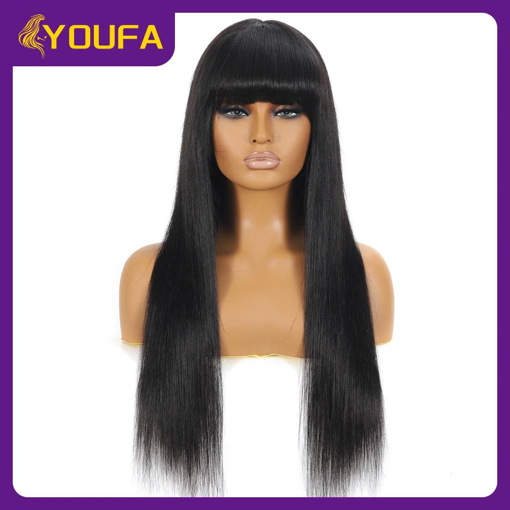 Fake Scalp Bang Human Hair Wigs Raw Indian Straight Human Hair Fringe Wigs Fake Scalp 8-24 Inch 250 Density Human Wigs For Women