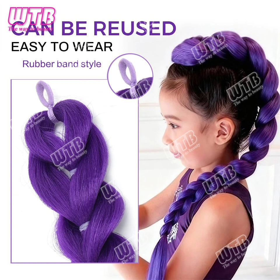 26 inch Purple Braids Ponytail Rubber Band Pre Braiding Hair Synthetic Purple Hair Extensions for Halloween Costume Cosplay