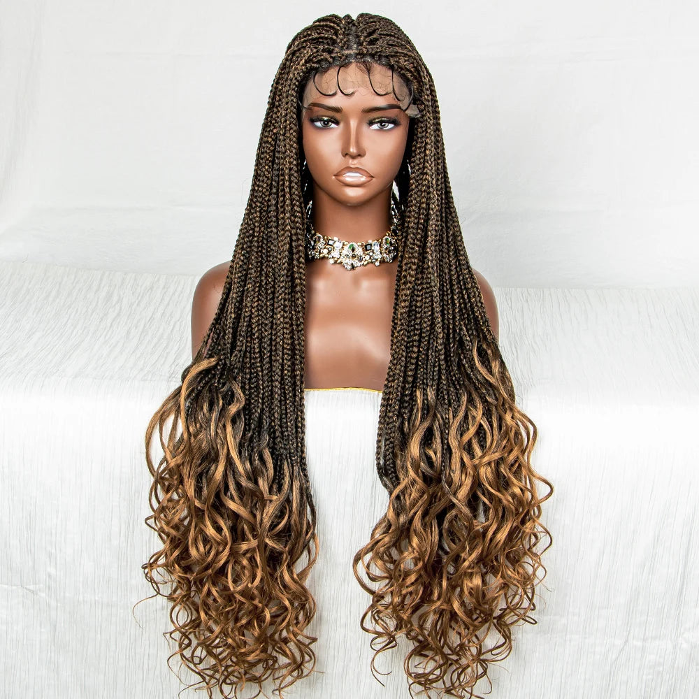 Lace Front Synthetic Cornrow Braids Wig Wavy Ends 9x6 Lace Long Cornrow Braided Wig Knotless Afro Braiding Hair Wavy Ends Wig