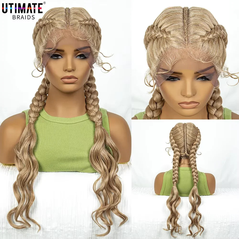 Synthetic Cornrow Braided Wigs with Curly Wave for Women Lace Frontal Afro Hair Braids Wig with Baby Hair for Girls 30 Inches