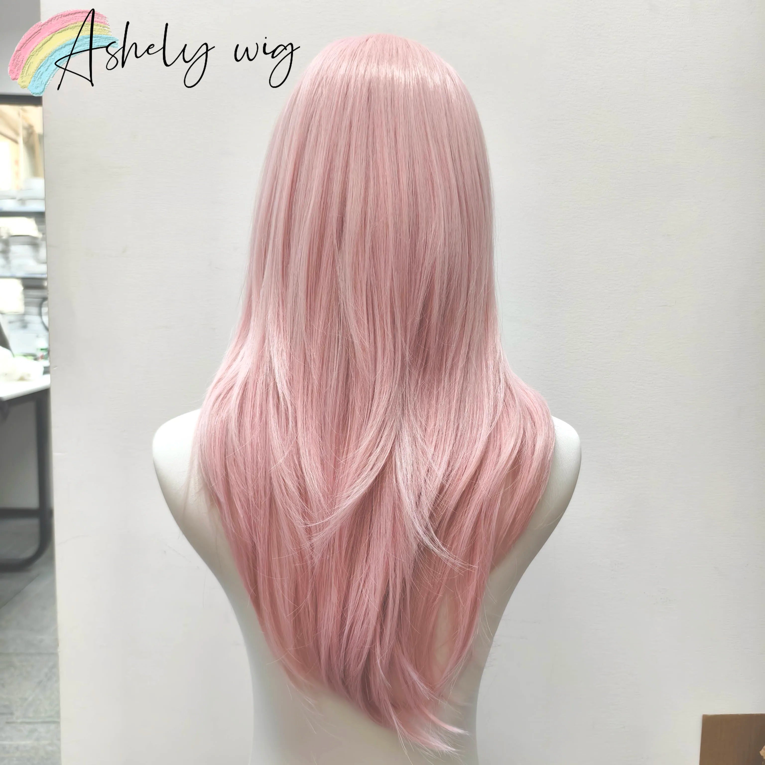 Ashely Pink Wig Lolita Female Headband Body Wavy Rose Hair Models in French Bangs High Level Simulation Hair Wig Synthetic 가발