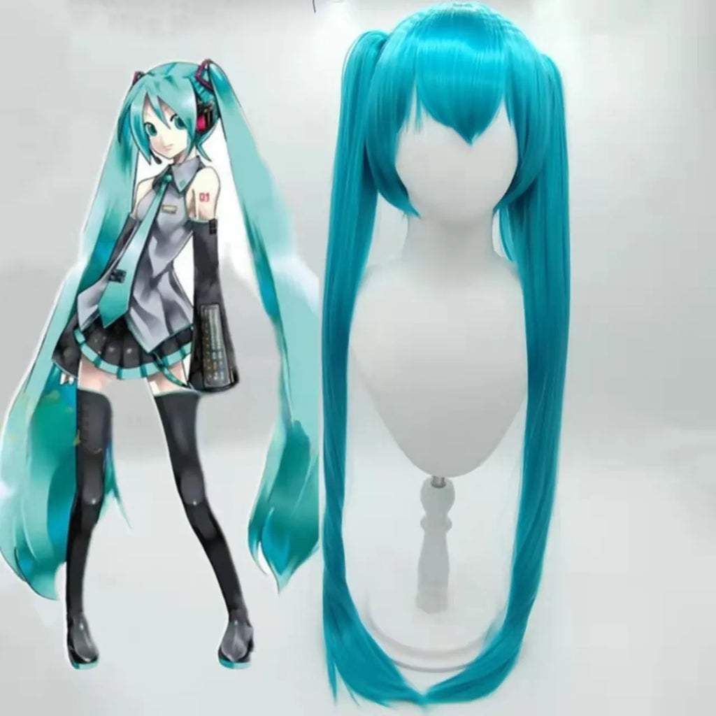 Synthetic medium-length blue mixed straight hair role-playing wig, featuring a double-curled ponytail,