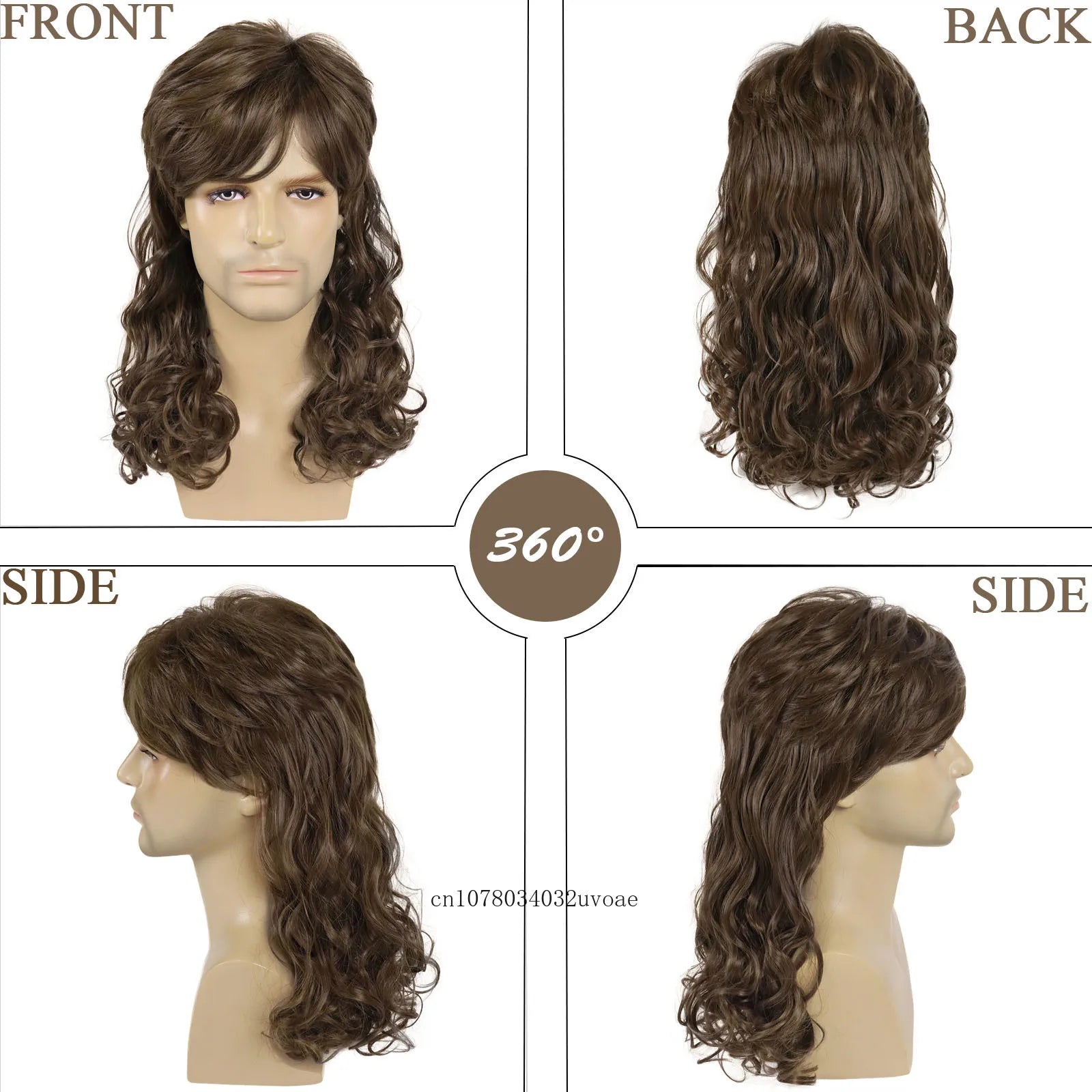 Mullet Wig for Men Synthetic Brown Replacement Wigs 70s Curly Retro Disco Rocker Natural Hair Party Cosplay Costume Man Full Wig