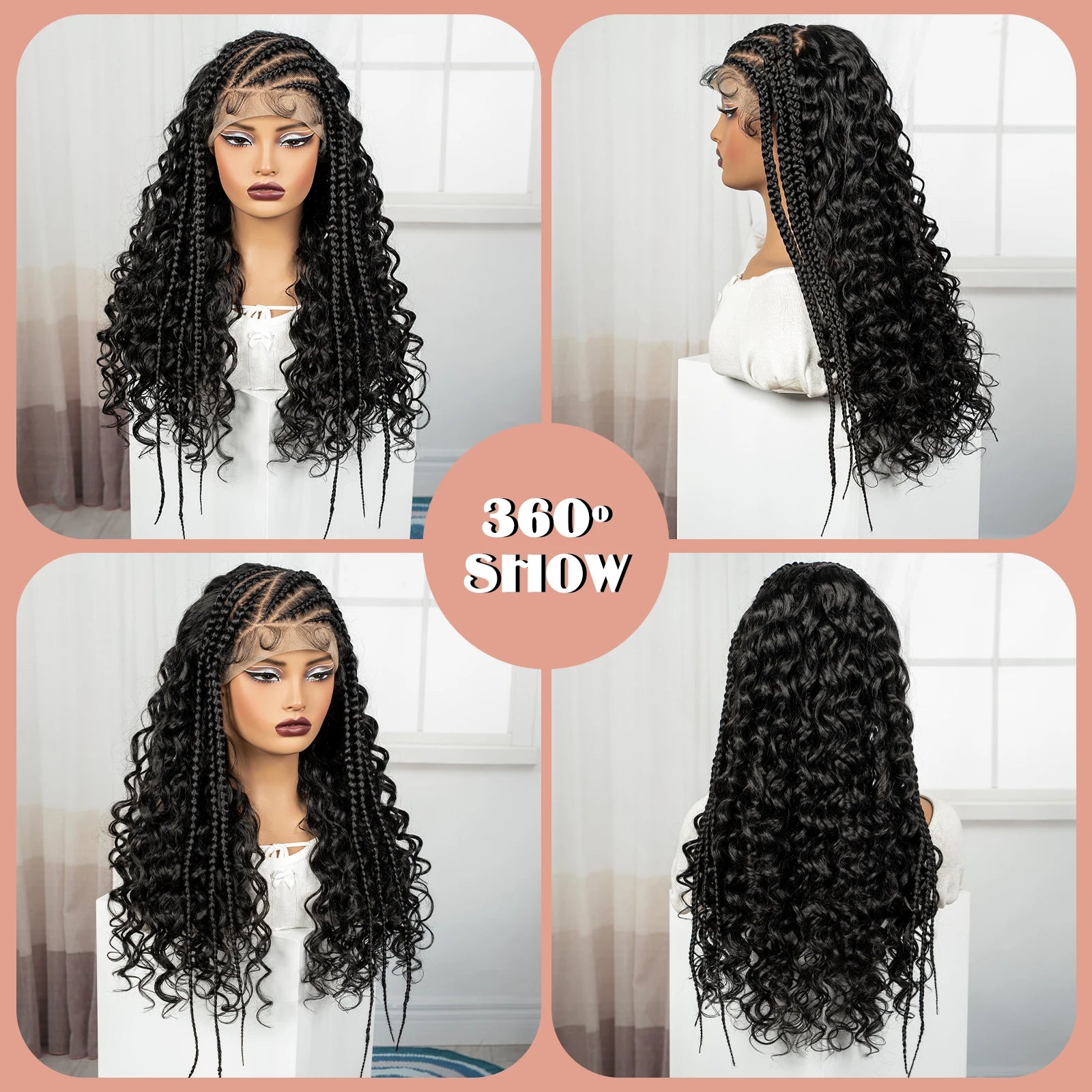 26Inch Cornrow Braided Wigs 13x6 Transparent Lace Front Deep Wave Hair Wigs Synthetic Kinky Curly Brazilian Hair Wigs for Women