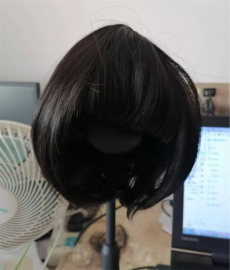 Hair Extensions Synthetic Children Girl Wig Black Bobo Hairstyle Short Straight Bangs Princess Head Cover Wig Hat for Kids Girls
