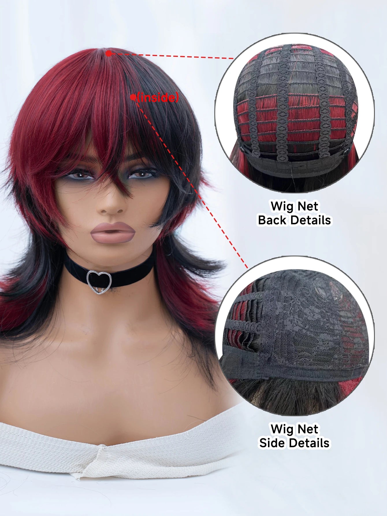 18Inch Handsome Girl Tomboy Style Black Red Synthetic Wigs With Bangs Medium Wavy Layered Hair Wig for Man Women Heat Resistant