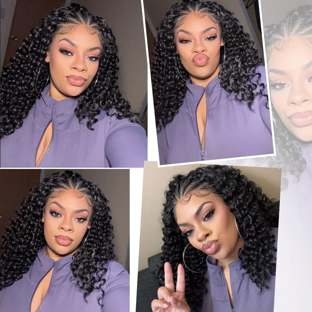 Cornrow Braided Wig with Curly Hair for Black Women 13X4 Synthetic Lace Frontal Handmade Braided Curly Bob Wigs with Baby Hair