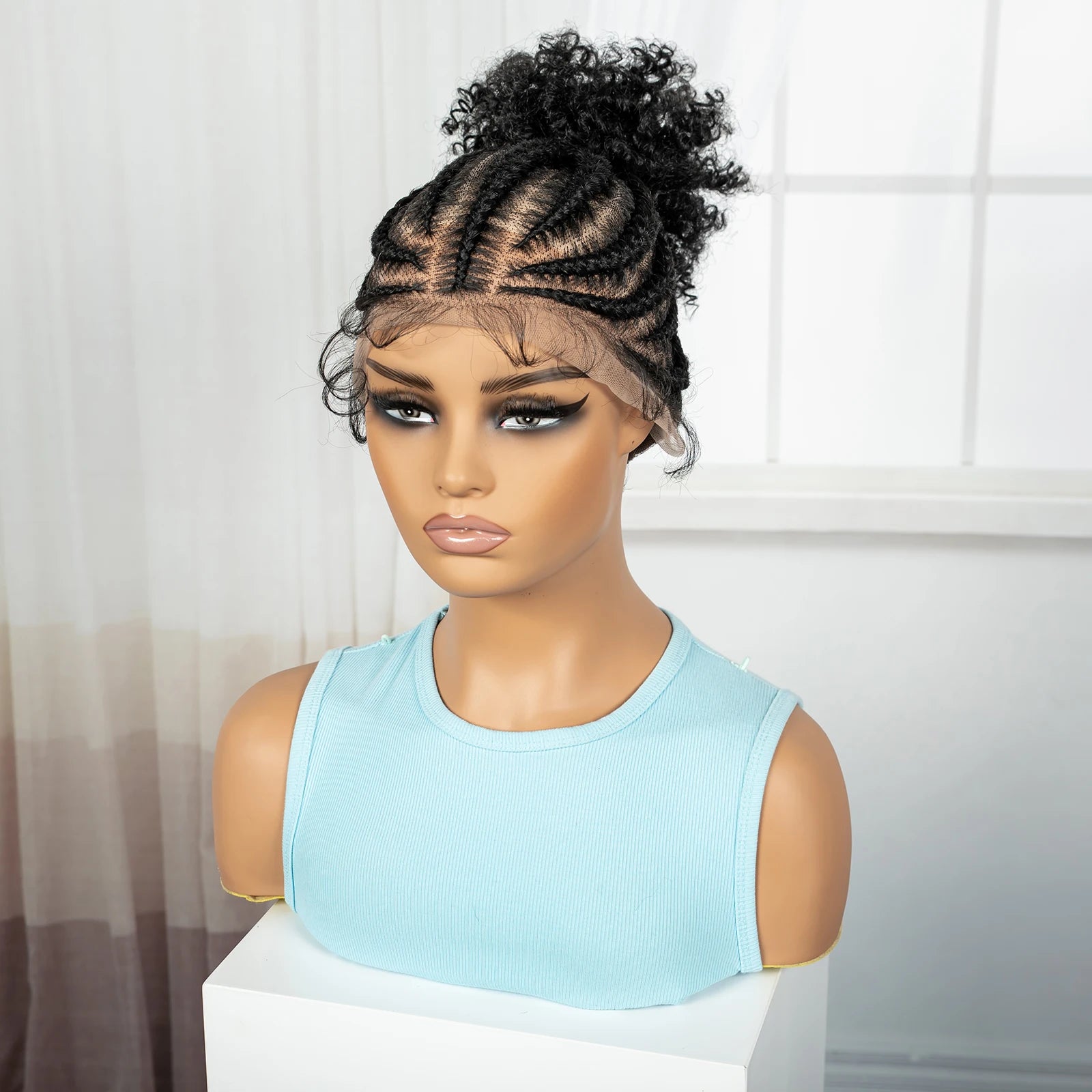 Cornrow Braided Wigs Synthetic Full Lace Braids Wig with Baby Hair Short Afro Curly Knotless Braided Lace Wig for Black Women