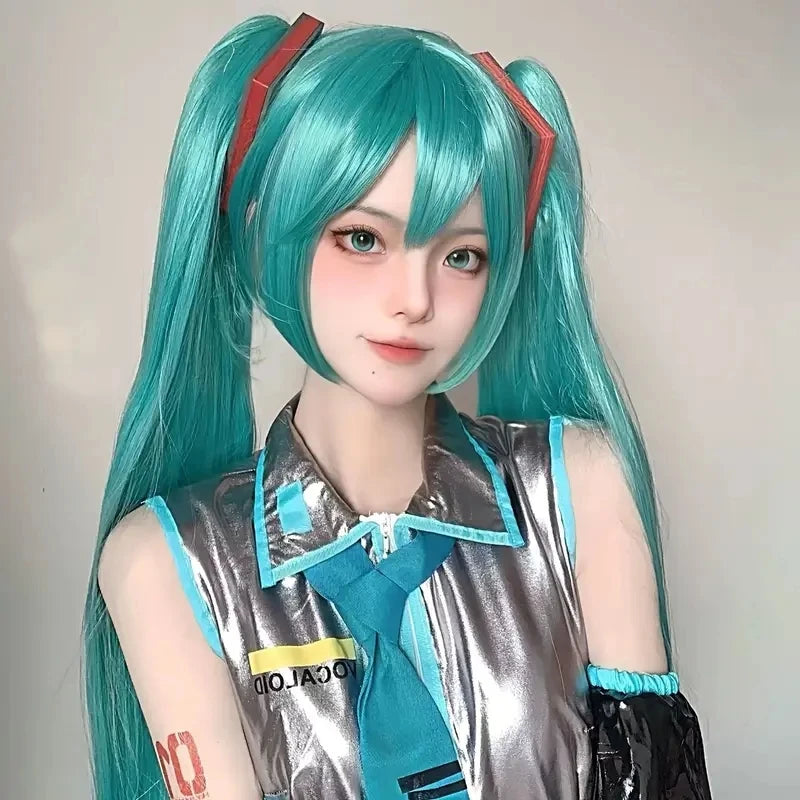 Synthetic medium-length blue mixed straight hair role-playing wig, featuring a double-curled ponytail,