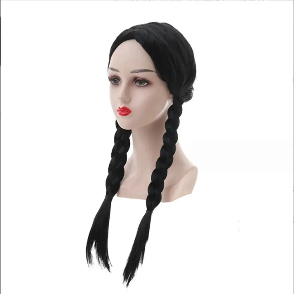 Kids Black Double Braid Flat Bangs for Girls Wednesday Role-playing Synthetic Wig Suitable for Parties Girl Wednesday Cosplay