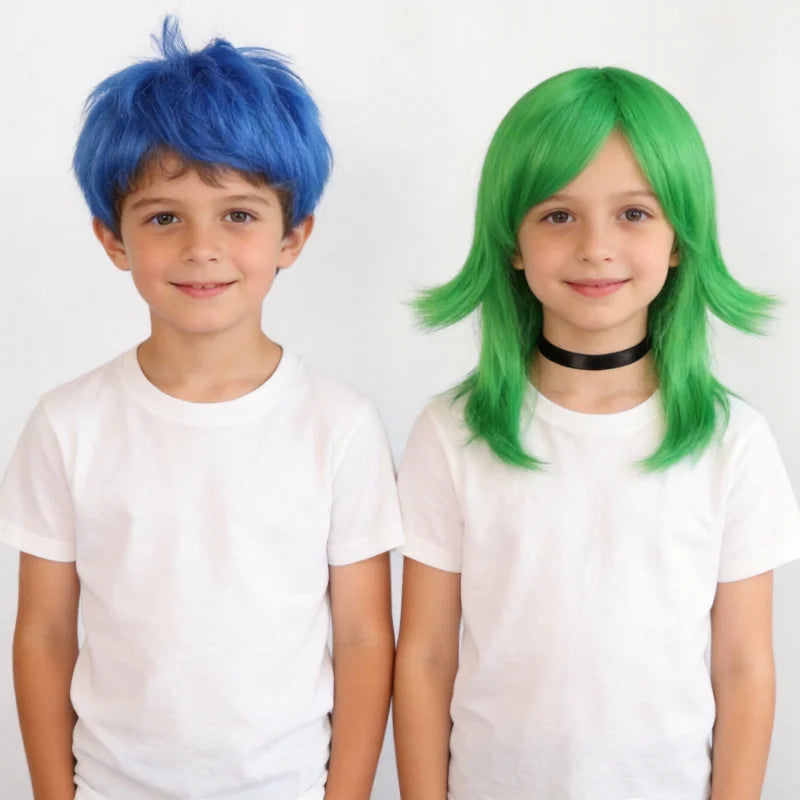 Anime Short Bob With Bangs Cosplay Wig Boy Girl Blue Green Heat Resistant Synthetic Fiber Wig For Halloween Role Play Daily Prop