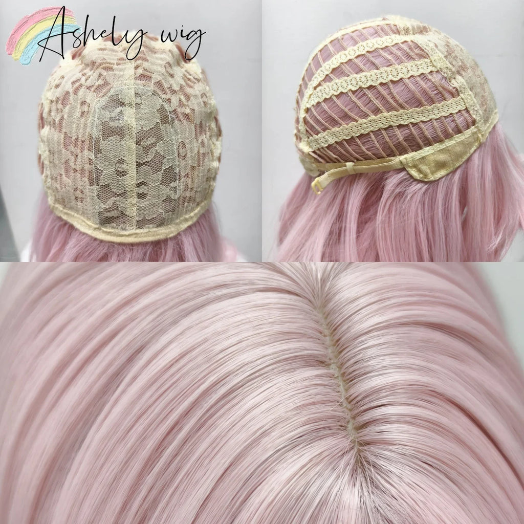 Ashely Pink Wig Lolita Female Headband Body Wavy Rose Hair Models in French Bangs High Level Simulation Hair Wig Synthetic 가발