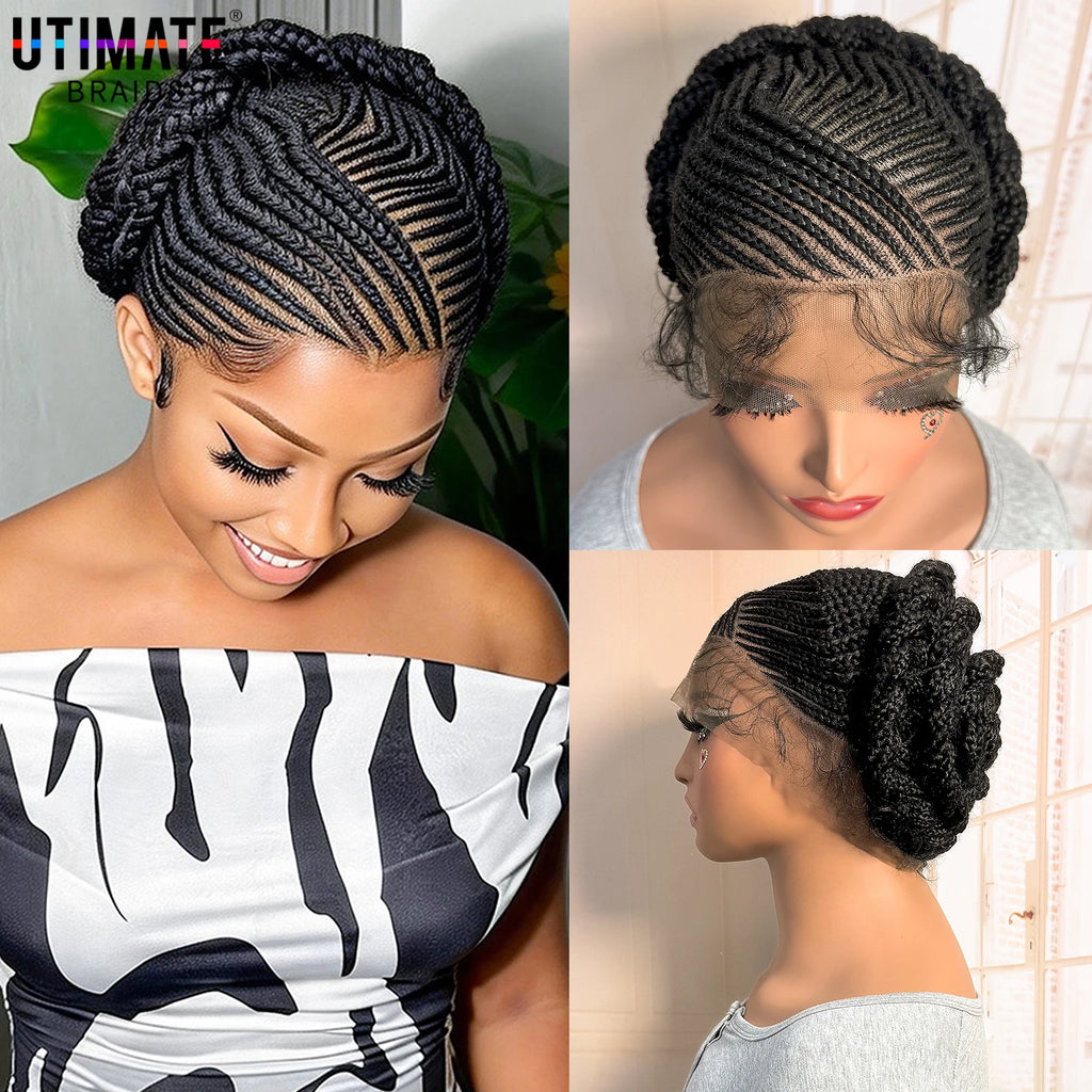 Short Full Lace Braiding Wig Synthetic Cornrow Knotless Box Braided Wigs Natural African Bantu Braids Wig for Black Women