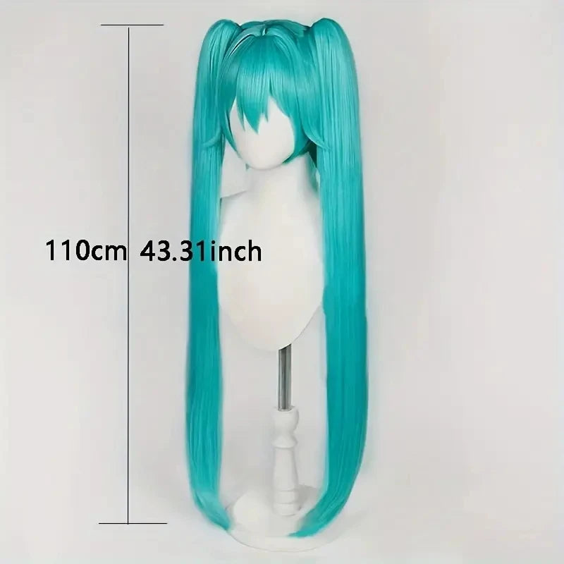 Synthetic medium-length blue mixed straight hair role-playing wig, featuring a double-curled ponytail,