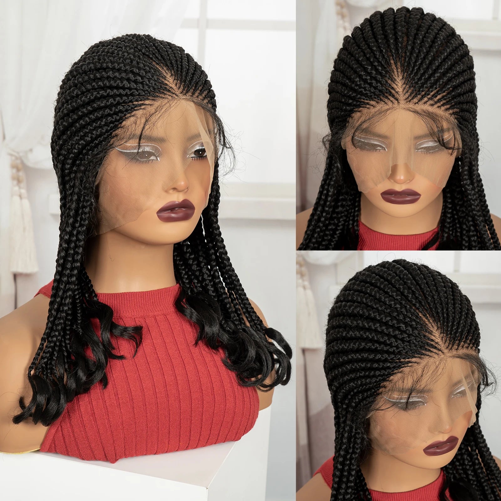 18in Cornrow Braided Wig with Wavy Ends Synthetic Full Lace Braided Lace Wig with Baby Hair Knotless Braids Wigs for Black Women