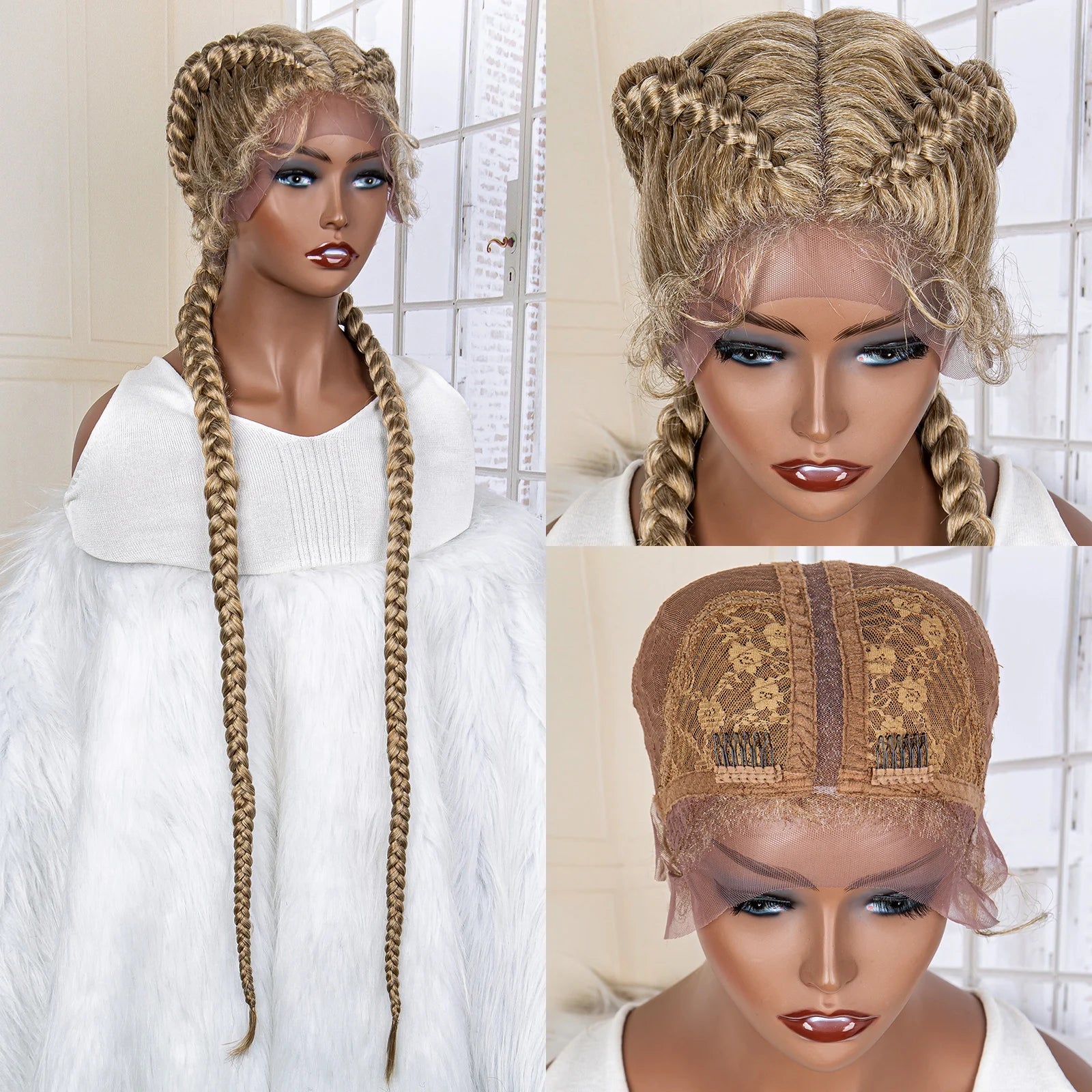 36 Inches Cornrow Braided Wigs Synthetic Lace Front Braids Wigs for Black Women Long Lace Wigs Double Braid Knotless