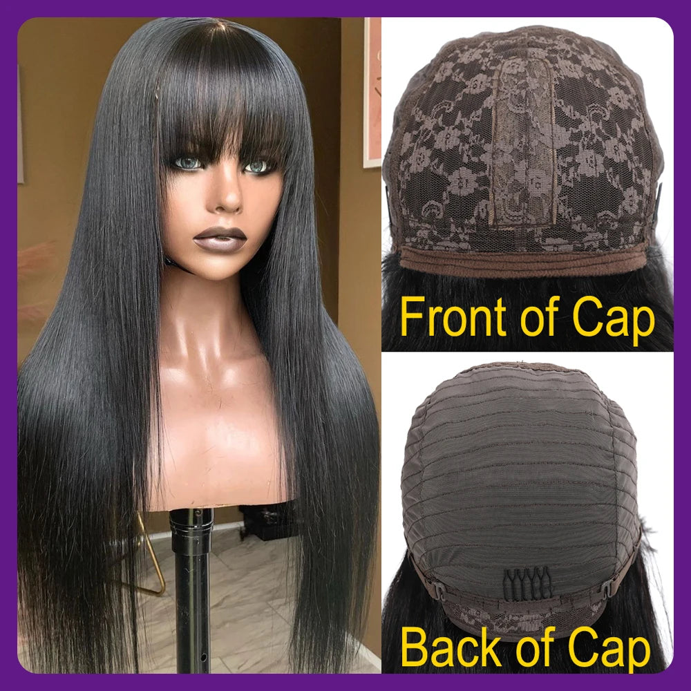 Fake Scalp Bang Human Hair Wigs Raw Indian Straight Human Hair Fringe Wigs Fake Scalp 8-24 Inch 250 Density Human Wigs For Women