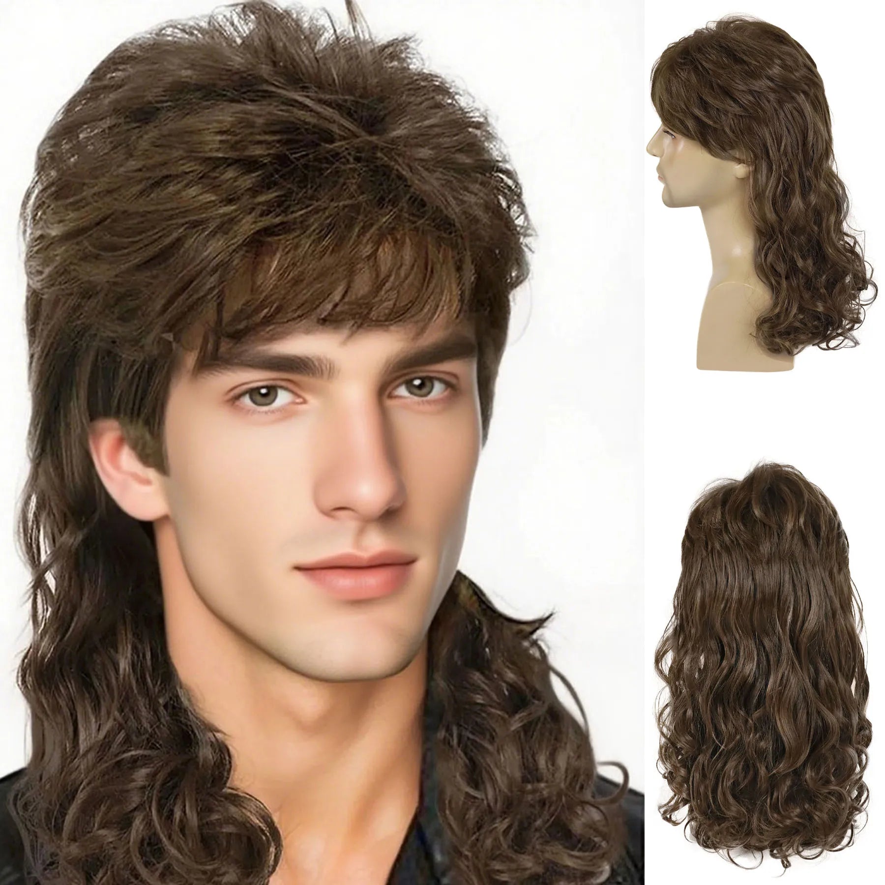 Mullet Wig for Men Synthetic Brown Replacement Wigs 70s Curly Retro Disco Rocker Natural Hair Party Cosplay Costume Man Full Wig