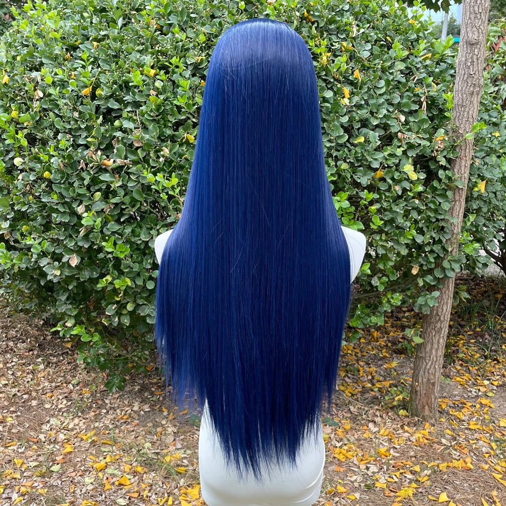 Dark Blue 13X4 Synthetic Lace Front Wigs for Women 26 Inch Long Sliky Straight Lace Wigs Half Hand Tied 150% Density Glueless