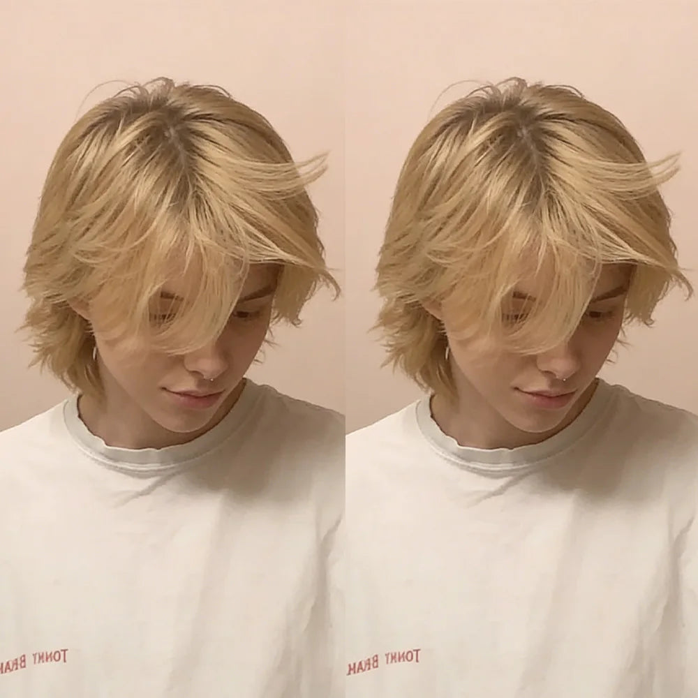 Men's Real Hair Wig 613 Blonde Short Pixie Cut Wig 100% Human Hair With Bangs Short Human Hair Full Machine Wig