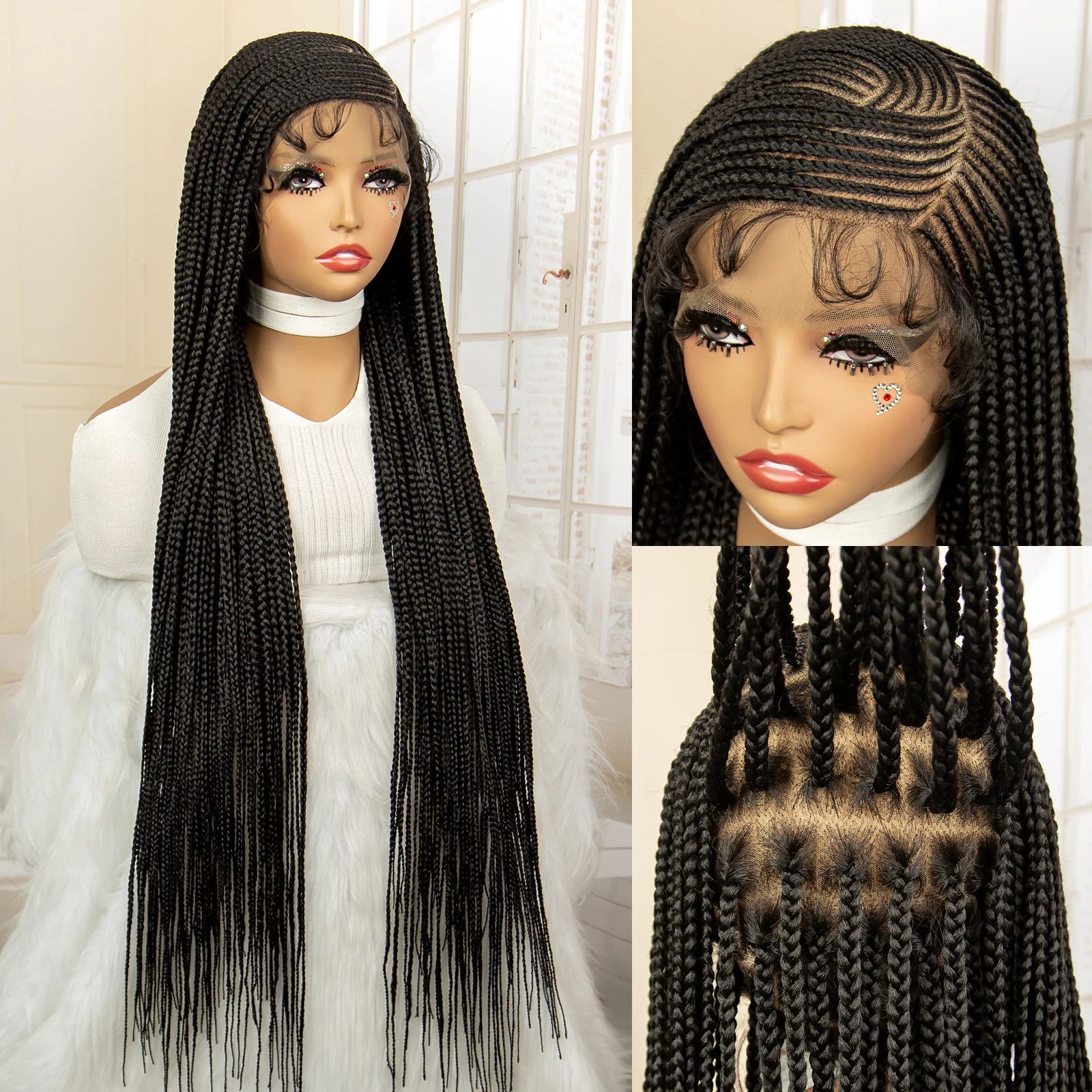 Synthetic Full Lace Cornrow Braided Wigs 36 inches Lace Frontal Square Knotless Box African Braiding Wig for Black Women