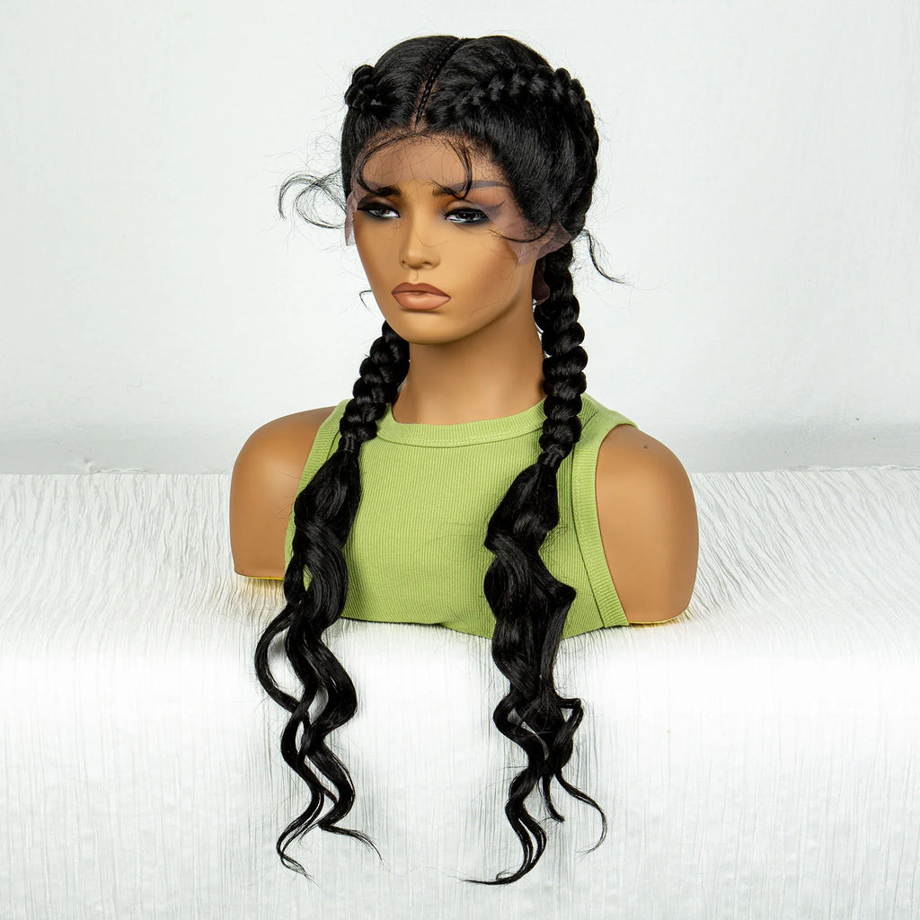 Synthetic Cornrow Braided Wigs with Curly Wave for Women Lace Frontal Afro Hair Braids Wig with Baby Hair for Girls 30 Inches