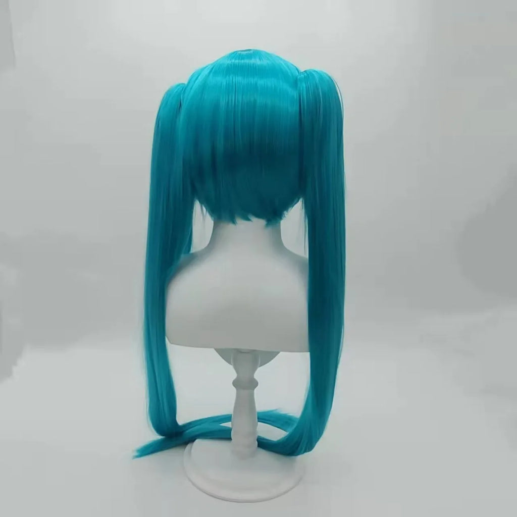Synthetic medium-length blue mixed straight hair role-playing wig, featuring a double-curled ponytail,