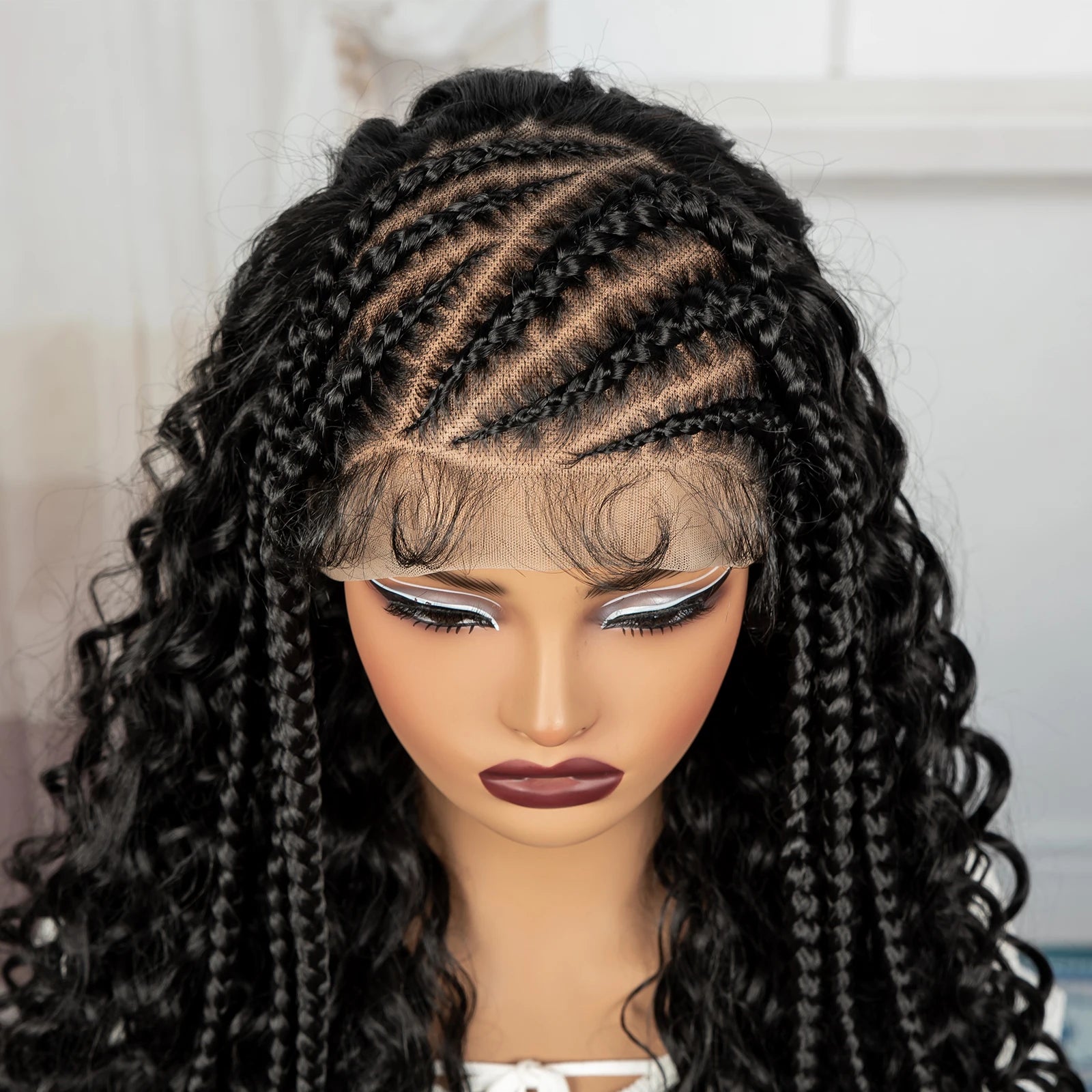 26Inch Cornrow Braided Wigs 13x6 Transparent Lace Front Deep Wave Hair Wigs Synthetic Kinky Curly Brazilian Hair Wigs for Women