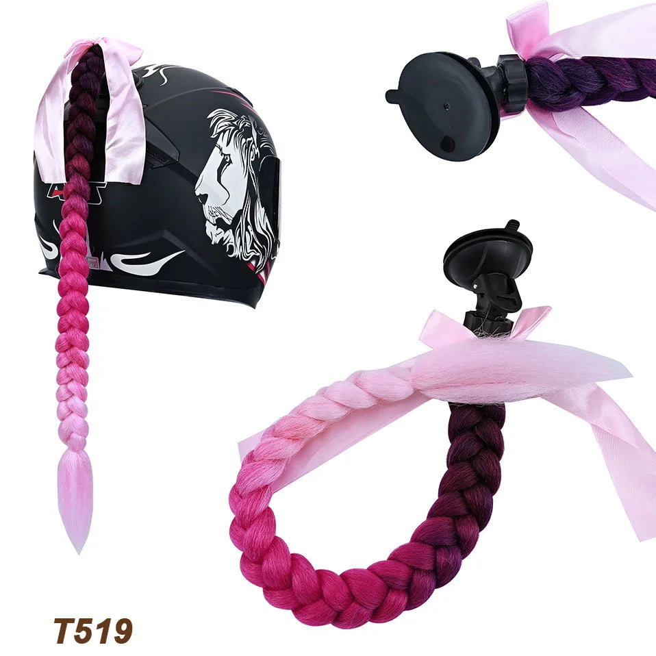 Benehair Syntheitc Helmet Pigtails Gradient Ramp Helmet Braids Ponytail Hair with Suction Cup with Bowknot for Motor Bike 1PCS