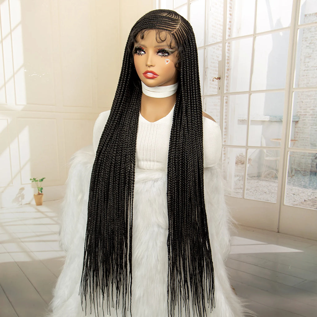 Synthetic Full Lace Cornrow Braided Wigs 36 inches Lace Frontal Square Knotless Box African Braiding Wig for Black Women