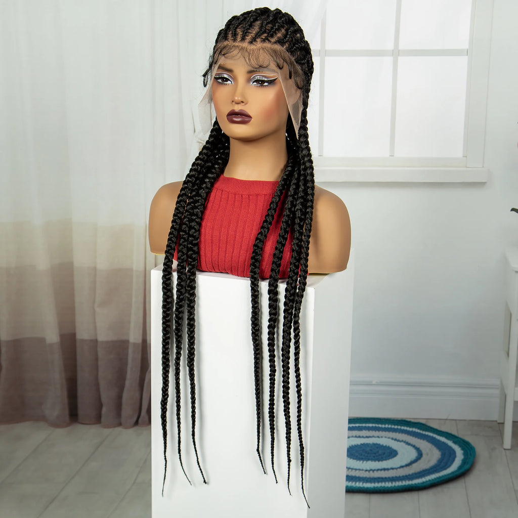 Handmade Cornrow Braided Wigs 36Inch Synthetic Lace Frontal BraidingHair Wigs Knotless Braids Wigs for Black Women