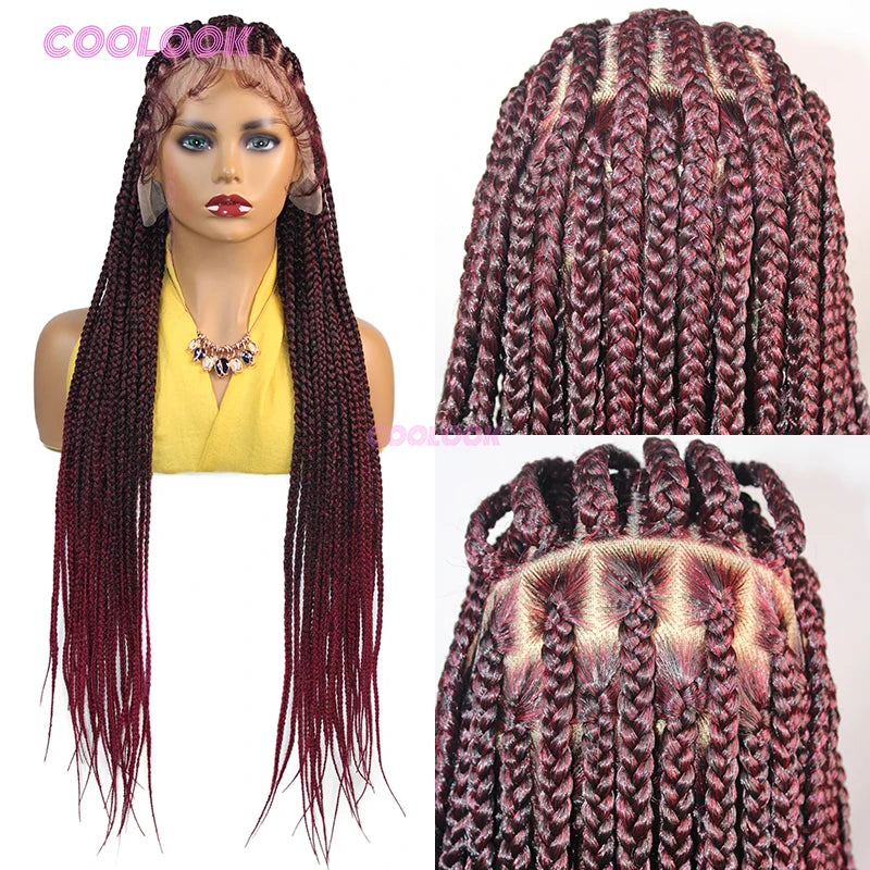 1BBurgundy Cornrow Braids Hair Wigs Synthetic Braided Wigs For Women 36" Knotless Box Braid Wig Full Lace Cornrow Braided Wigs
