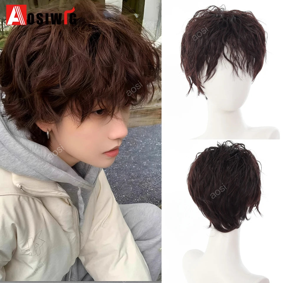 AOSIWIG  Short Curly Cosplay Men Boy Party Light Yellow Synthetic Heat Resistant Hair Wigs Men's Breathable Wig