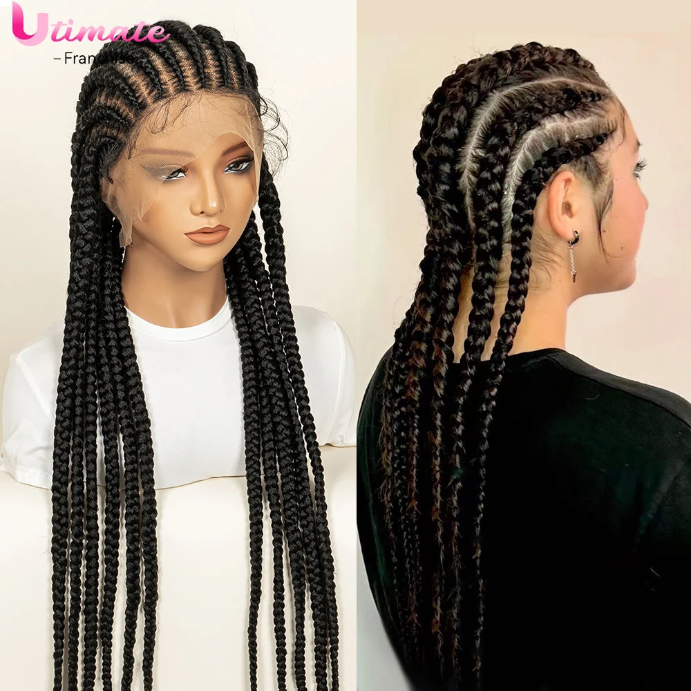 Protective Cornrow Braided Wigs Jumbo Braids 32inches Neatly Braided Full Lace Synthetic Wigs for Black Women