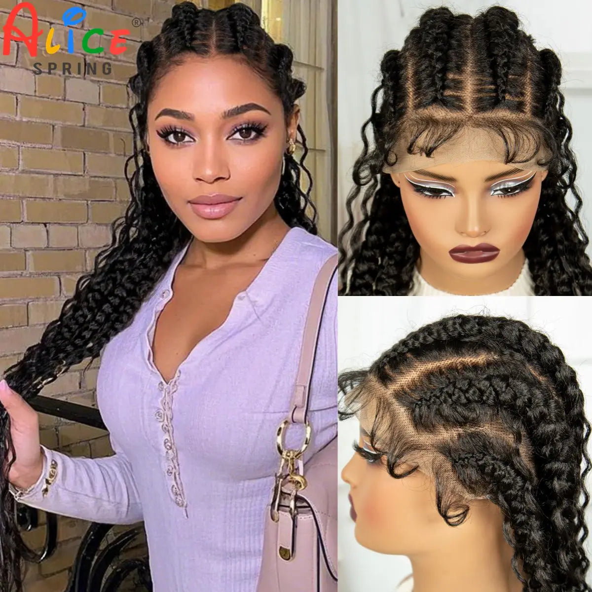 34Inch Cornrow Braided Wigs with Curly ends Synthetic Full Lace Braids Wigs Lace Frontal Braided Lace Wig for Black Women