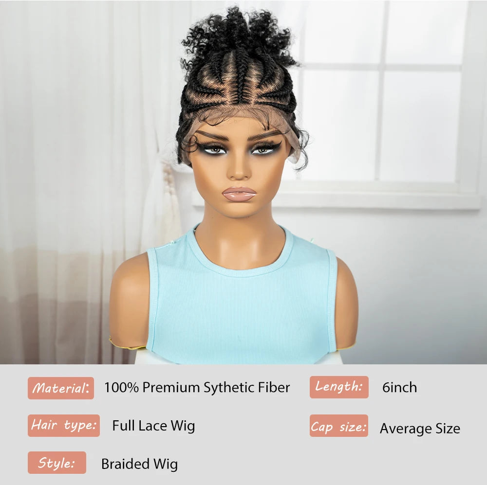 Cornrow Braided Wigs Synthetic Full Lace Braids Wig with Baby Hair Short Afro Curly Knotless Braided Lace Wig for Black Women