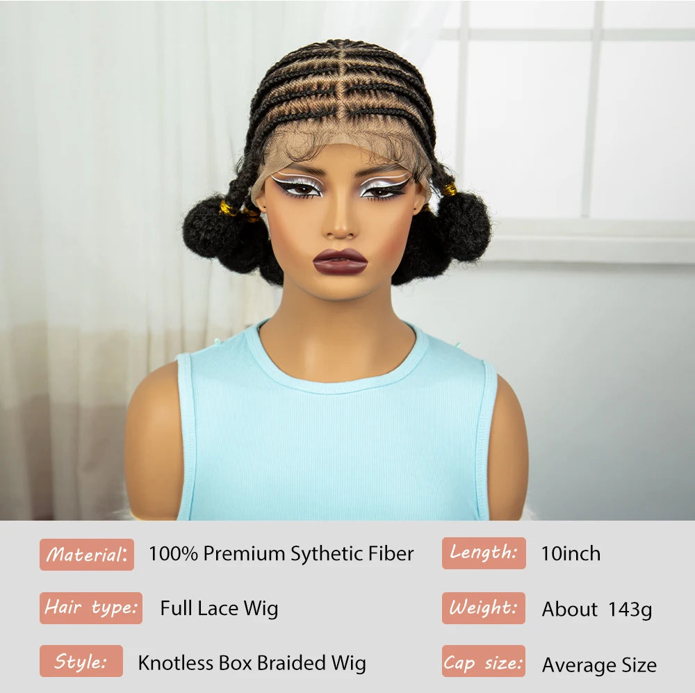 10Inch Short Natural Cornrow Braided Wigs with Baby Hair Synthetic Transparent Full Lace Handmade Bantu Braids Wigs for Women