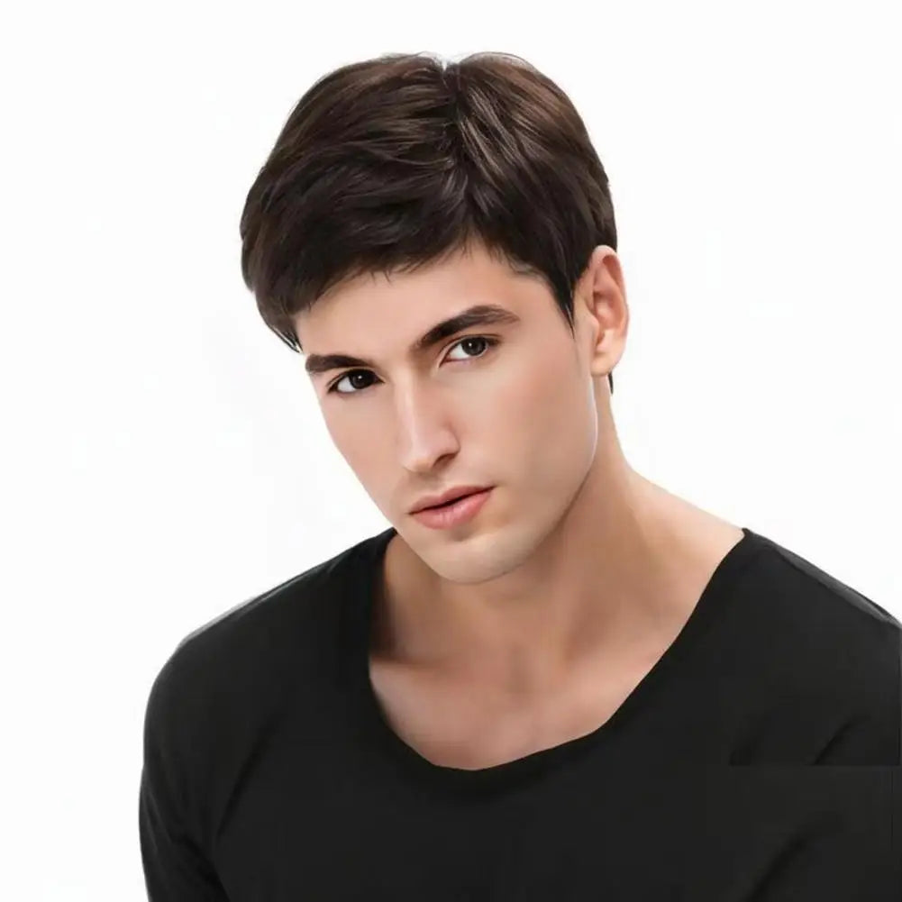 Men's Fashion Wig with Side Swept Bangs - Short Straight Hair Synthetic Full Wig for Men, European Style Ready to Wear