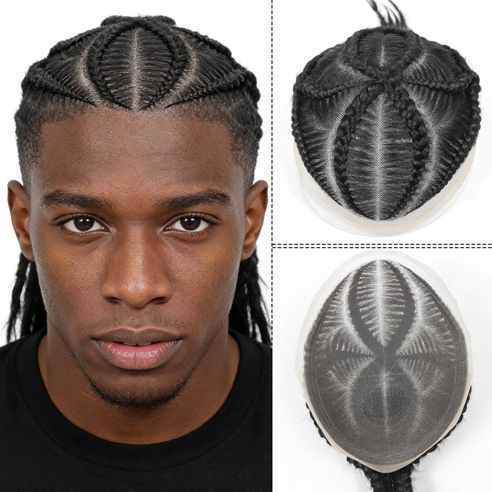 Men's Black Cornrow Box Braided Human Hair Man Toupee Full Lace Male Toupee For Men Afro Cornrow Braids Human Hair Mens Wigs