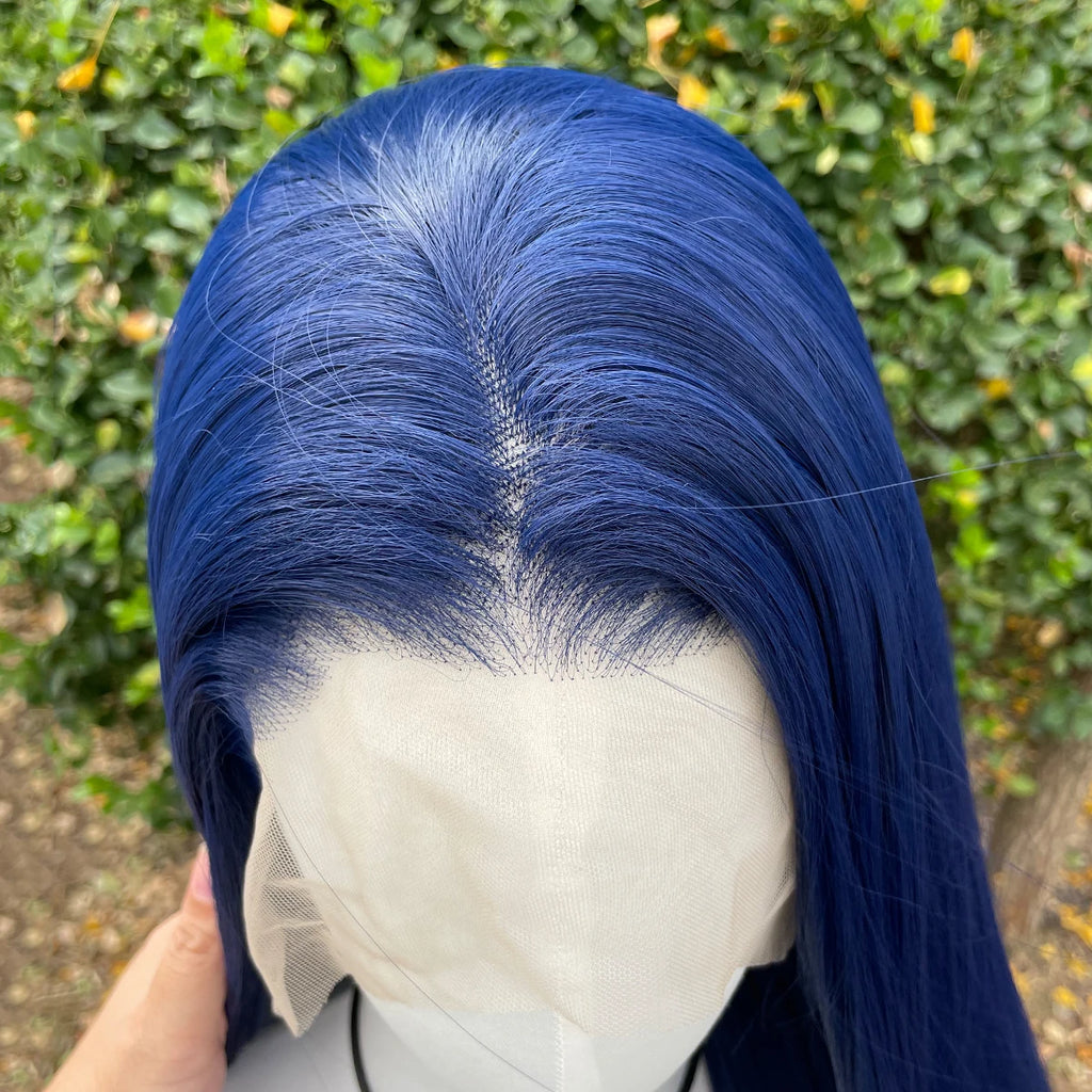 Dark Blue 13X4 Synthetic Lace Front Wigs for Women 26 Inch Long Sliky Straight Lace Wigs Half Hand Tied 150% Density Glueless