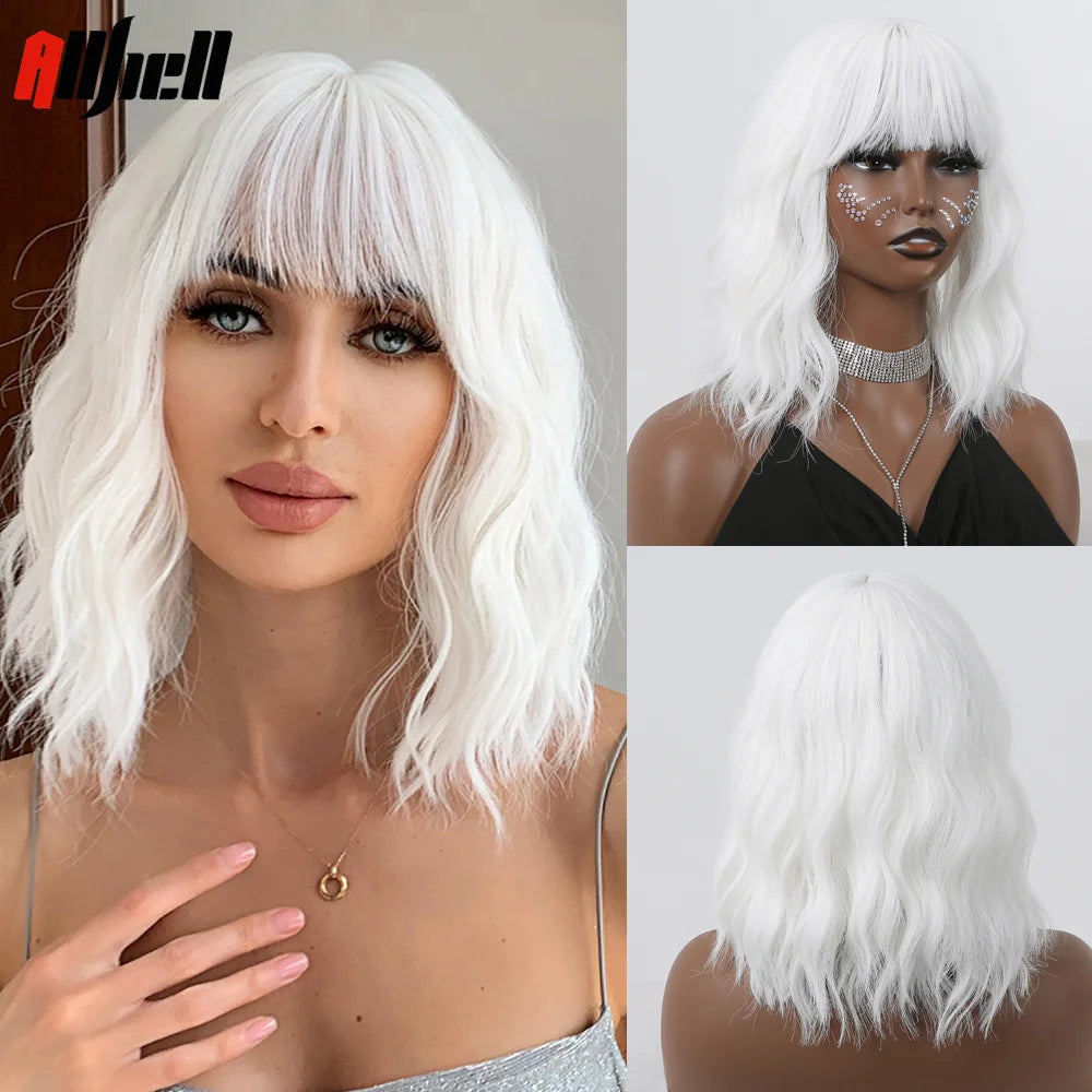 Short Curly Wavy White Synthetic Wig White Lolita Hair Wig with Bangs for Women Natural Cosplay Party Halloween Heat Resistant