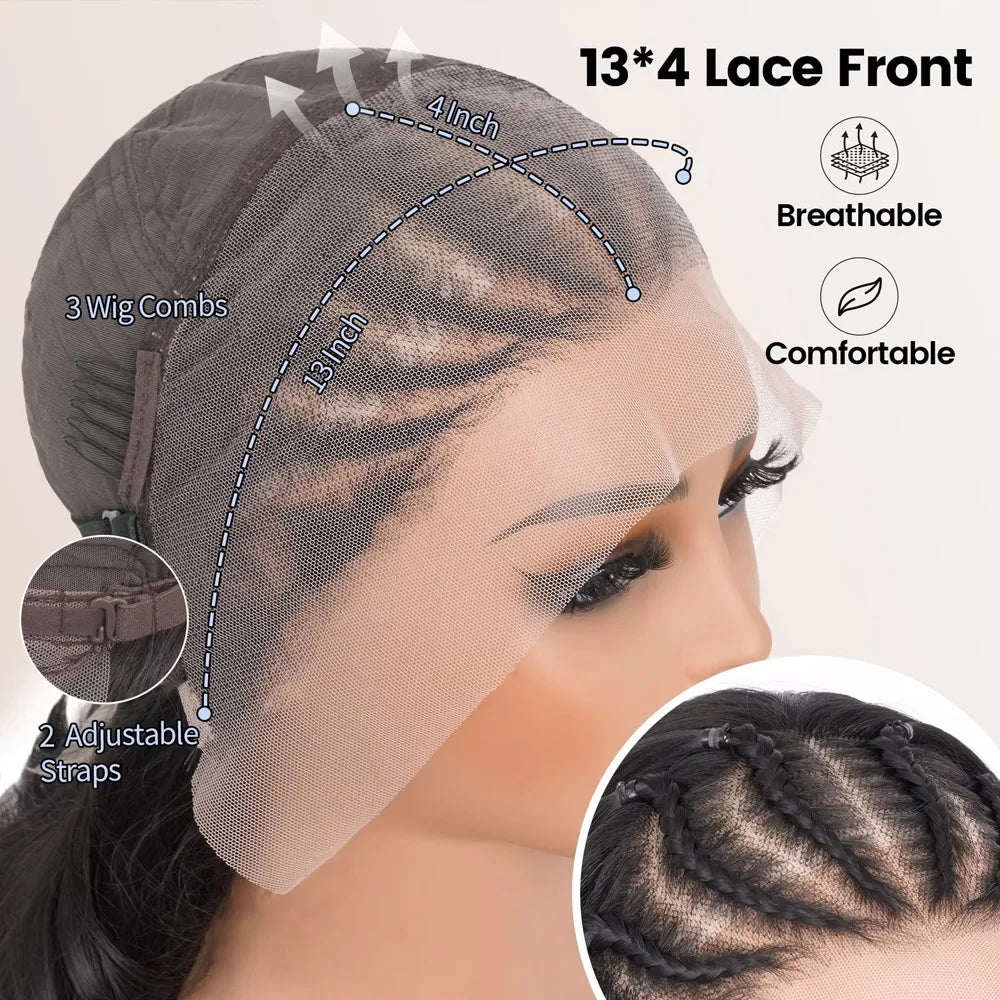 Cornrow Braided Wig with Curly Hair for Black Women 13X4 Synthetic Lace Frontal Handmade Braided Curly Bob Wigs with Baby Hair