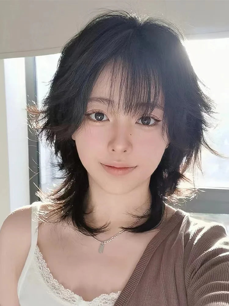 Short Mullet Head Wigs with Bangs Synthetic Straight Anime Men Black Hair Wig for Daily Party Cosplay
